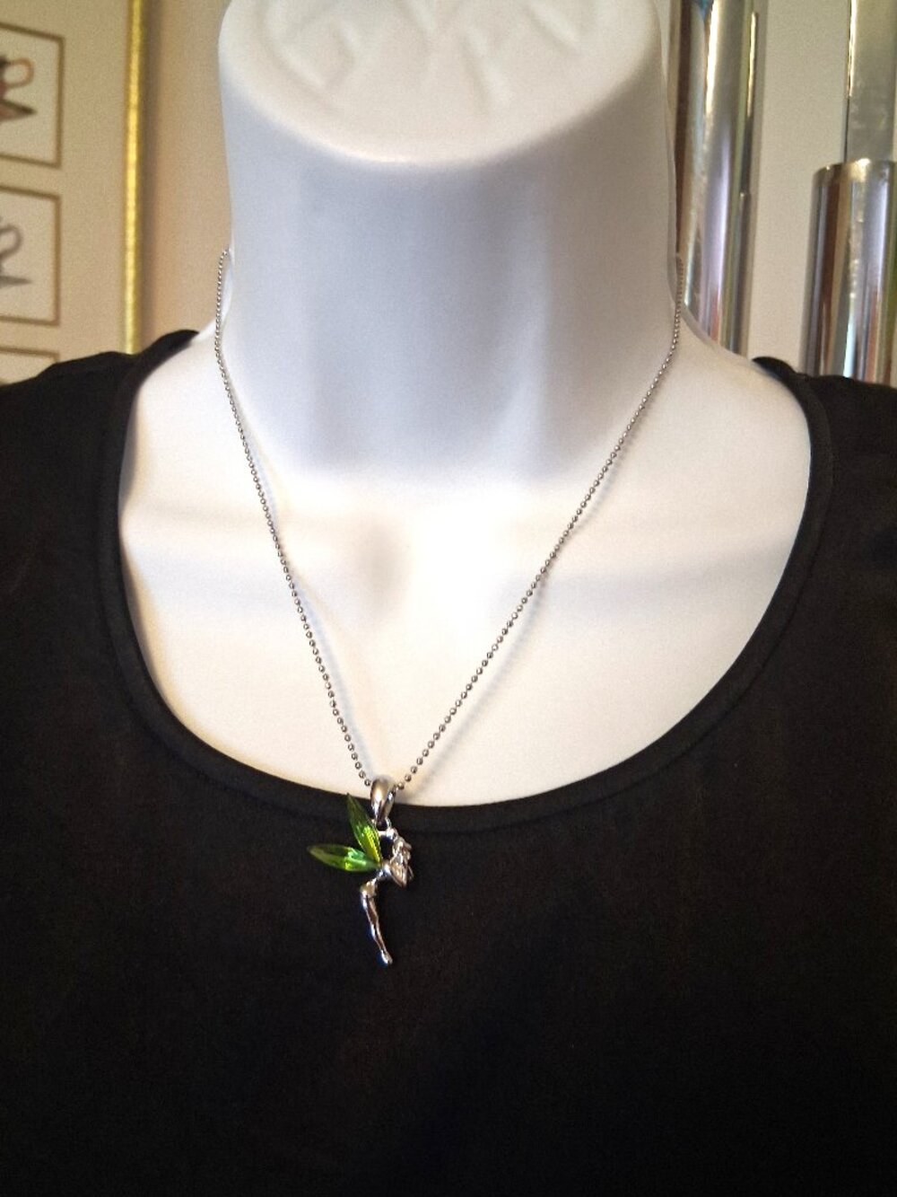 Vintage Artistic Ballerina Pendant Green Austrian Crystal Silver-Plated Necklace